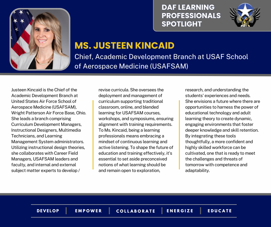 Card with text recognizing the Sept '24 LP Spotlight Ms. Justeen Kincaid